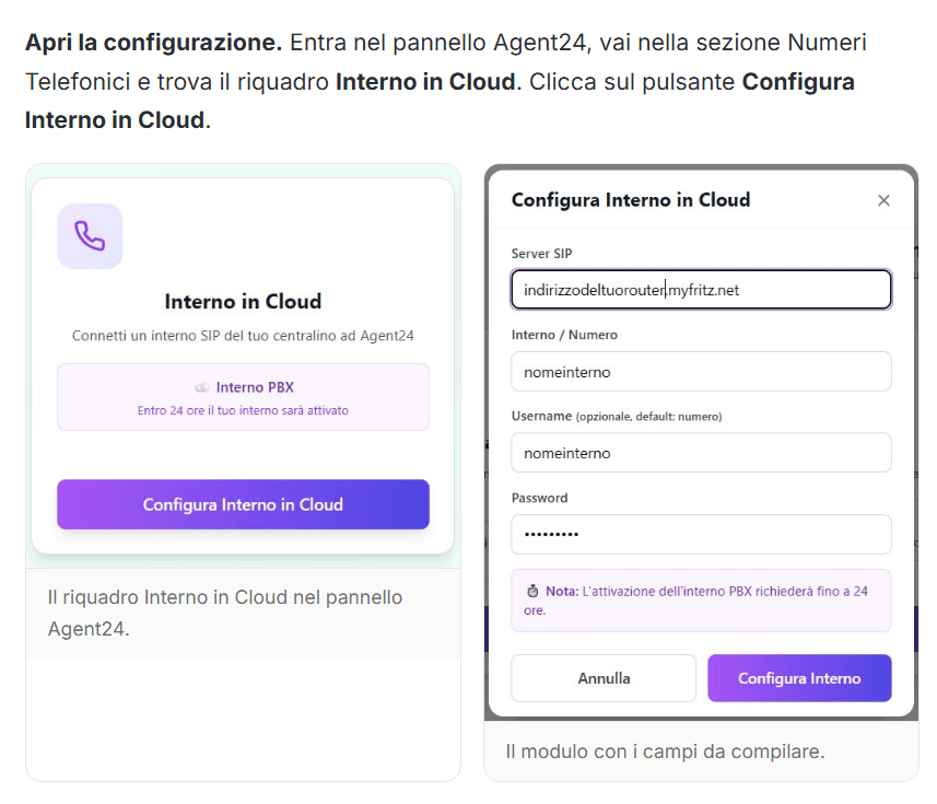 Configurazione Interno in Cloud nel pannello Agent24: a sinistra il riquadro Interno in Cloud con il pulsante Configura Interno in Cloud, a destra il modulo con i campi Server SIP, Interno/Numero, Username e Password